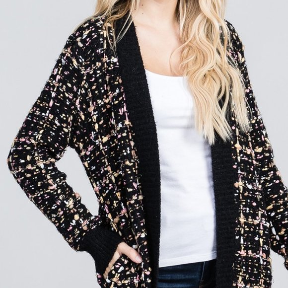 Black Confetti Tweed Knit Open Front Long Cardigan - Picture 7 of 12